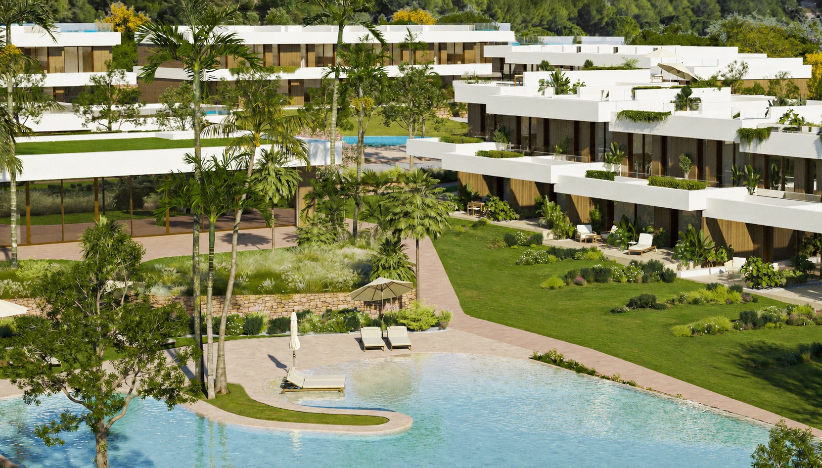 Residents’ swimming pool and landscaped gardens at Golf Village La Sella